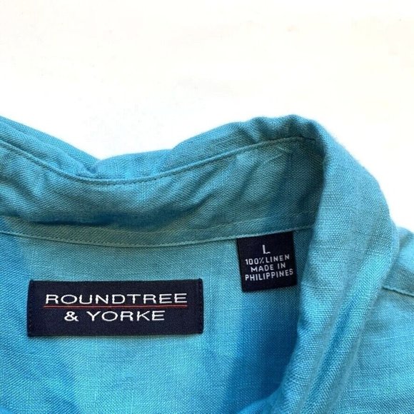 Roundtree & Yorke 100% Linen Shirt Mens Large Button Down Short Sleeve Blue NEW - Picture 3 of 12